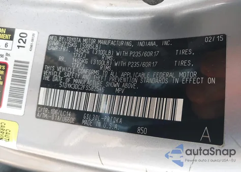 2015 Toyota Sienna Xle 8 Passenger z USA, uszkodzony, nr VIN 5TDYK3DC2FS582546